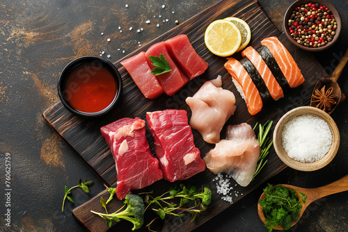 Top view of fresh Tuna fillet steak and sashimi on wooden board with rustic composition, copy space