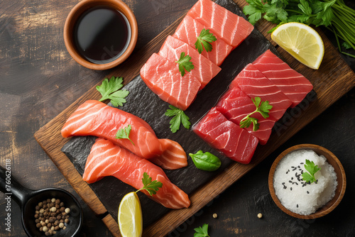 Top view of fresh Tuna fillet steak and sashimi on wooden board with rustic composition, copy space