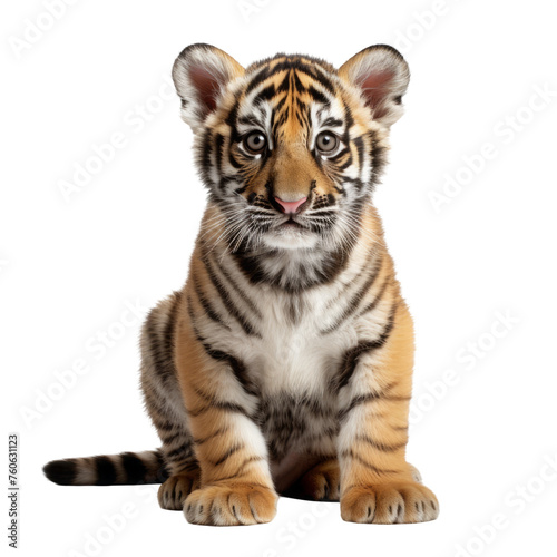 one tiger cub. isolated animal, cut out. a kitten of the feline family. cute baby tiger. 