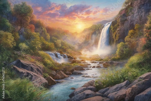 a Watercolor painting of a beautiful waterfall