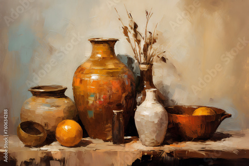 Still life in brown tones. Oil painting in impressionism style.