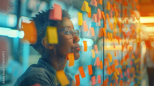 A creative brainstorming session for career rethinking with post-it notes on a glass wall