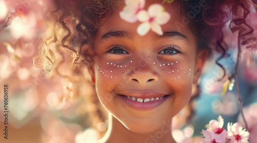 Mała dziewczynka uśmiecha się wiosennie, mając różowy kwiat wetknięty we włosach. Jej radosna mina wyraża szczęście i radość.
