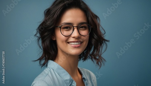 Smiling dark-haired woman with glasses on a blue background.