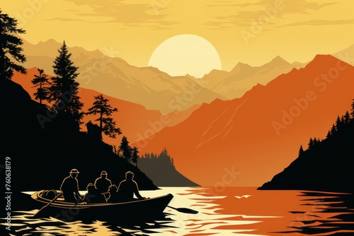 Bold graphic red and white mountain with boats in violet and amber, inspired by northwest school