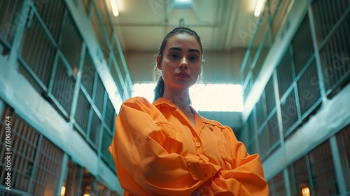 Kobieta w pomarańczowym ubraniu stoi w korytarzu więziennej w jasny dzień. Otoczenie jest surowe z kratami i betonowymi ścianami. Ma zamkniętą postawę