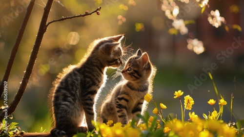 Randka pary kociąt, romantyczna scena. Kocięta są małe i słabe, ale wyglądają na przyjaciół. Podziwiają siebie nawzajem w wiosennej scenerii.