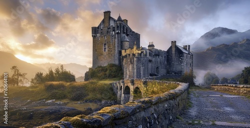 an ancient medieval castle standing tall against the soft, golden light of early morning