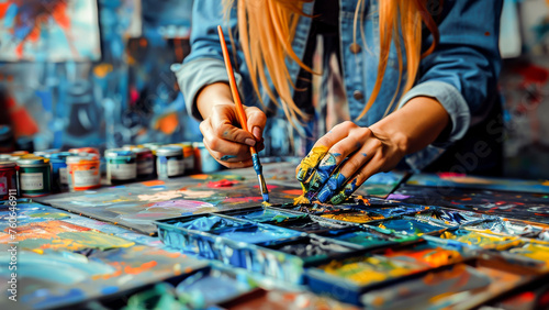 An artist's hands mixing colors on a vibrant palette, capturing the essence of creativity in art.