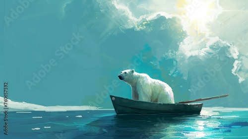 Lone polar bear on a small boat, navigating a calm sea, sun blazing overhead, an image of quiet resilience, pop art