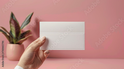 white blank mockup leather wallet on pastel background, business cards, bridal shower or other party invitation cards, christmas, birthday, Place for text. Flat lay