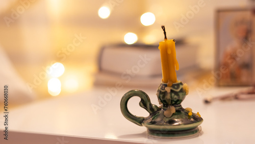 church candle close up bokeh, prayer and lent concept