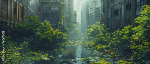 urban jungle scenes where nature has overtaken modern cities