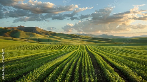 The warm evening sun bathes rolling agricultural fields in golden light, highlighting the symmetrical beauty of the furrows against the undulating hills.