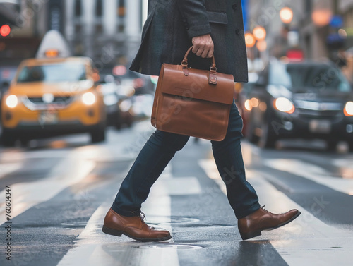 Close up of legs Businessman crossing the street on crosswalk and holding a laptop bag in the city. 