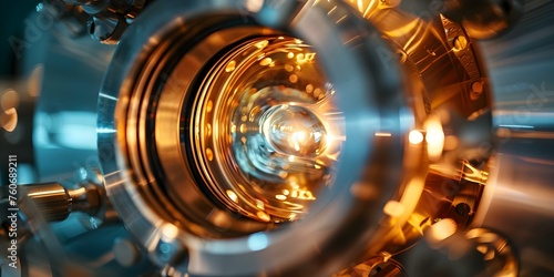 Closeup image of a CVD chamber during vapor deposition process. Concept Chemical Vapor Deposition, Semiconductor Processing, Thin Film Deposition, CVD Reactor, Deposition Chamber