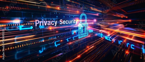 a high-tech banner design with the text Privacy security with a digital padlock, representing the strong integration of encryption in advanced privacy security measures. 