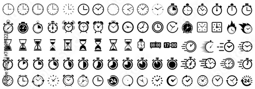 Time and clock icons set, stopwatch, timer, , time management concept, fast stopwatch line icon, watch icon, black clock sign collection, speed clock symbol - vector