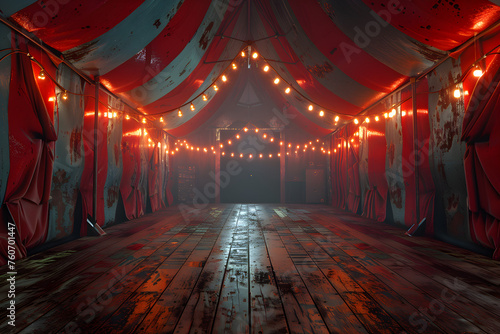 A silent and empty circus tent, evoking a sense of nostalgia and fantasy. Suitable for entertainment events and parties.