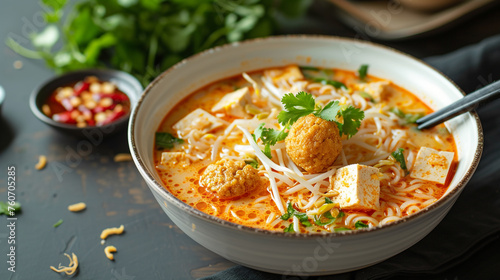 A bowl of laksa with rice noodles, chicken, tofu, bean sprouts, and fish balls, in a spicy coconut curry soup, topped with fried shallots and cilantro.