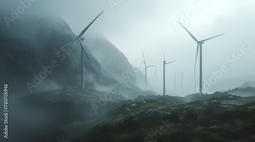 Wind turbines on mountains with foggy weather. Generative ai