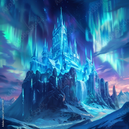A frozen castle made of ice and light standing on a glacier