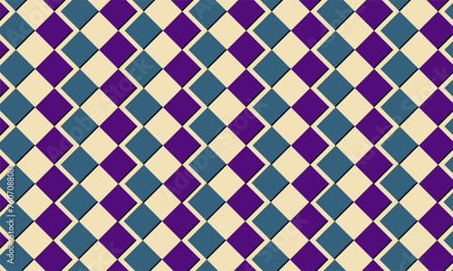 Purple and blue checkered seamless geometric pattern on light brown background. Endless flat vector design.