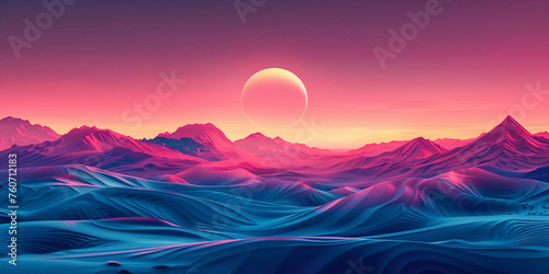 Mountain minimalistic landscape concept background design. Mountains and golden sun or moon horizontal banner. Digital artwork raster bitmap.