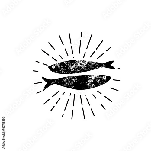 sardine fish retro with sunburst isolated on white background