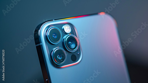 Macro photography of smartphone’s block of cameras. Product shot of the edge of blue grey mobile phone opposite the blurred background behind