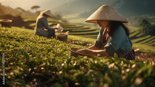 Asian woman picking tea leaves at field. Asian girls picking tea on a sunny day