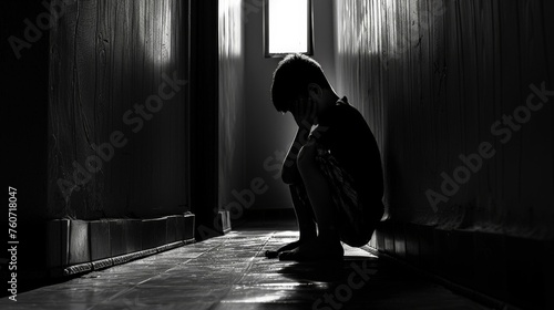 Sad child suffering from depression sitting alone in corridor feeling loneliness. Scared fearful small boy covering face in silhouette at home