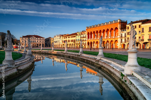 Cityscape image of Padova, Italy with Prato della Valle square. Postcard from Padua. Famous city of Italy. Colorful Italian towns.