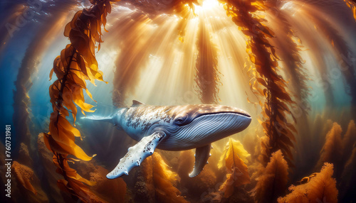 A peaceful whale swimming in a kelp forest bathed in golden sunbeams, serene beauty.