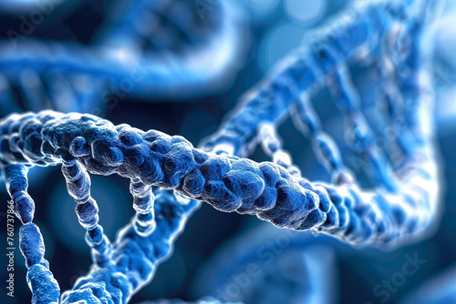 A microscopic view of a helix of DNA colored blue, science and research of genetics, generative ai