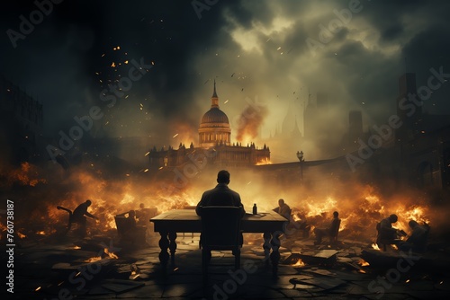 Man at a desk in a burning cityscape