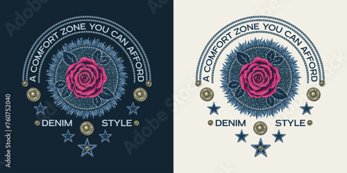 Circular label with denim patch with fringe, pink rose, jeans buttons, stars, text. Design element in vintage style. For clothing, t shirt, surface design.