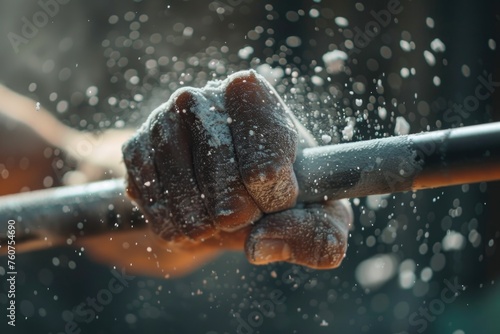 a close-up of a person's hand gripping a weightlifting bar, with chalk dust flying off, emphasizing strength and effort during a workout