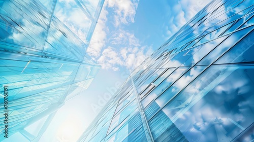 The glass Windows of modern office buildings reflect the blue sky and clouds, symbolizing the transparency of business practices.