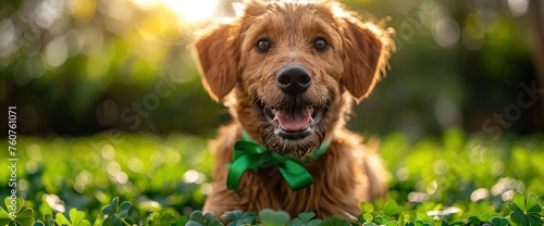A happy Irish Wolfhound adorned with green ribbons, frolicking in a field of clovers on a sunny St Patrick's Day morning