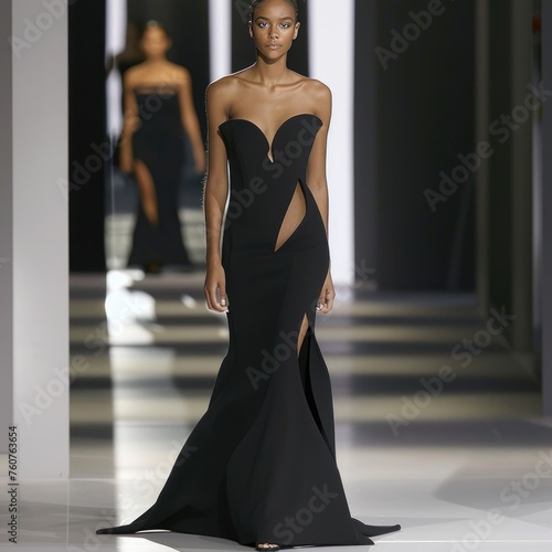 Elegant Black Maxi Dress on Runway, model parades an elegant black strapless maxi dress with unique cut-outs, gracing a sleek runway