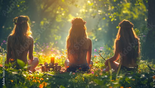 Witches' Spring Equinox Renewal Ritual in Nature. Spring Equinox Meditation by Women in Nature's Blossom