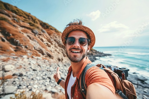 Handsome young man with backpack taking self portrait outside. Happy tourist enjoying summer vacation at the beach. Tourism, technology and journey, Generative AI