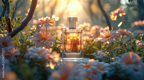 Transparent Perfume, bright background, luxury high end, exquisite, flower rush. Generative AI.