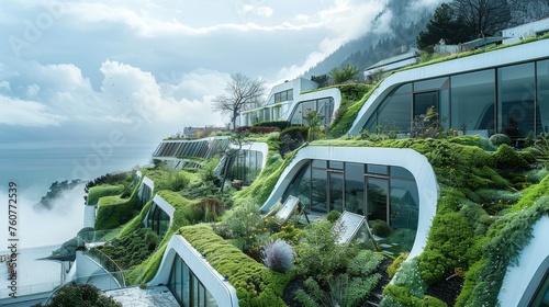 Cliffside with the organic architecture with Angular gabled roofs and green farming greenhouses on each roof. Generative AI.