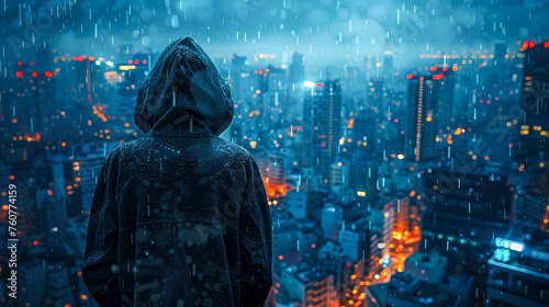 Man in raincoat and hoodie looking at night cityscape, concept hacker and cybercrime on the internet