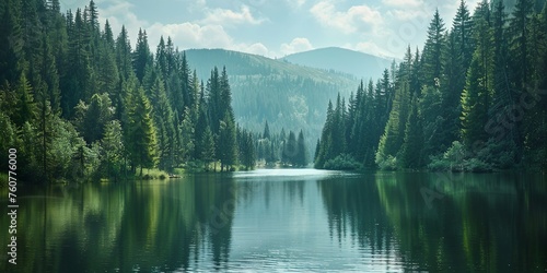 Beautiful landscape view of green summer forest with spruce and pine trees mountain, lake, river. Adventure travel nature background.