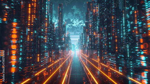 A striking 3D rendering that imagines an abstract highway weaving through towering digital binary