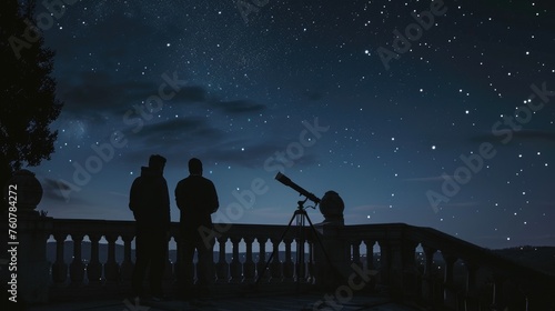 Under a celestial tapestry, a group of stargazers convenes on a balcony with a telescope, immersing themselves in the wonders of the night sky, astrotourism, meteor showers, eclipse chasing