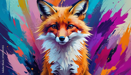 Fox on a colorful splattering background. Artistic rendition. Generative AI.